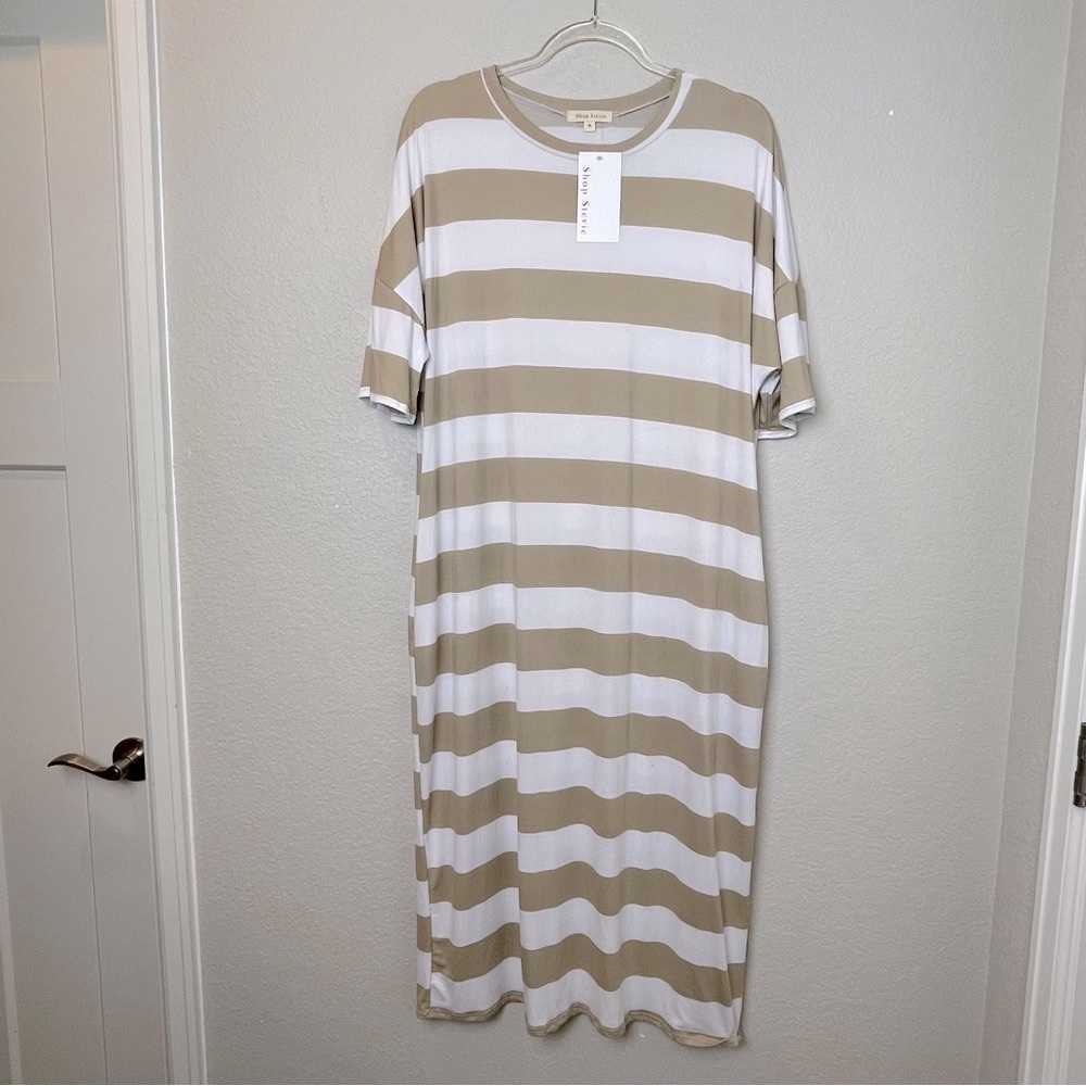 BNWT! Shop Stevie Striped Beige and White Midi Dress with Pockets Size XL